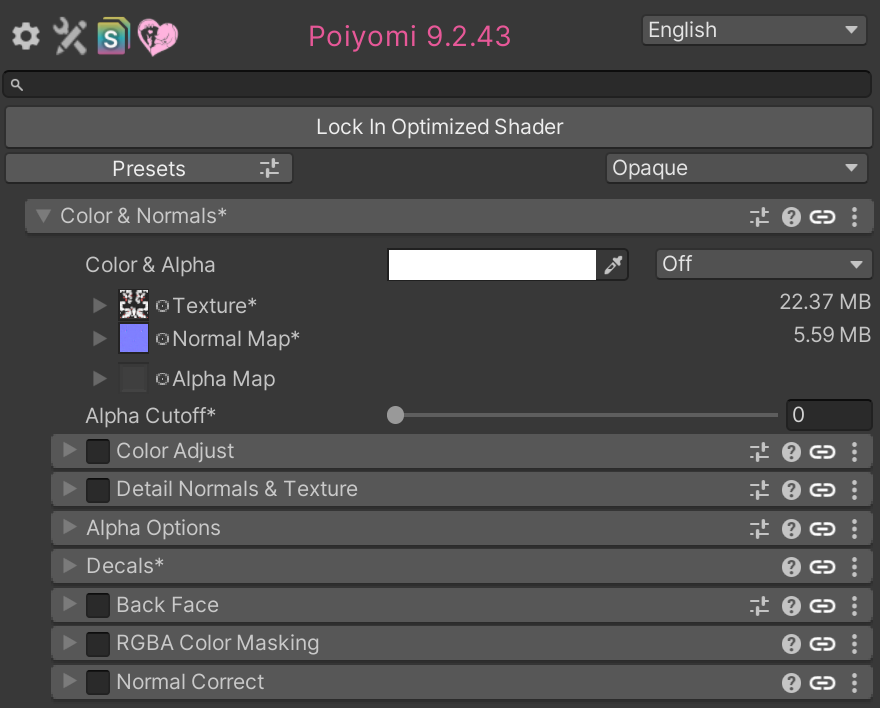The main Color & Normals Section in Poiyomi Shaders