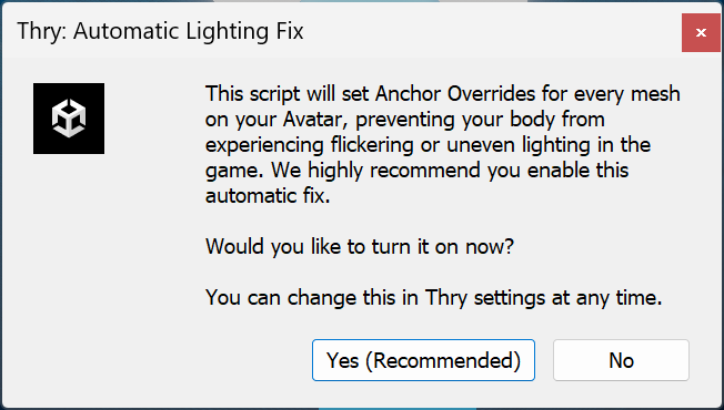 ThryEditor Bad Lighting Auto-Fix Dialogue